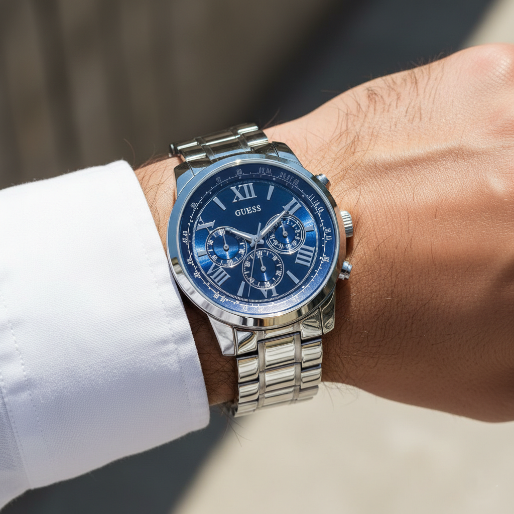Guess Horizon W0379G3 Silver Tone Blue Dial Chronograph Look Watch
