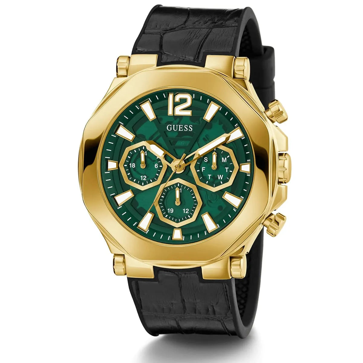 Guess Momentum GW0492G3 Gold Tone Green Dial Black Leather Strap Watch