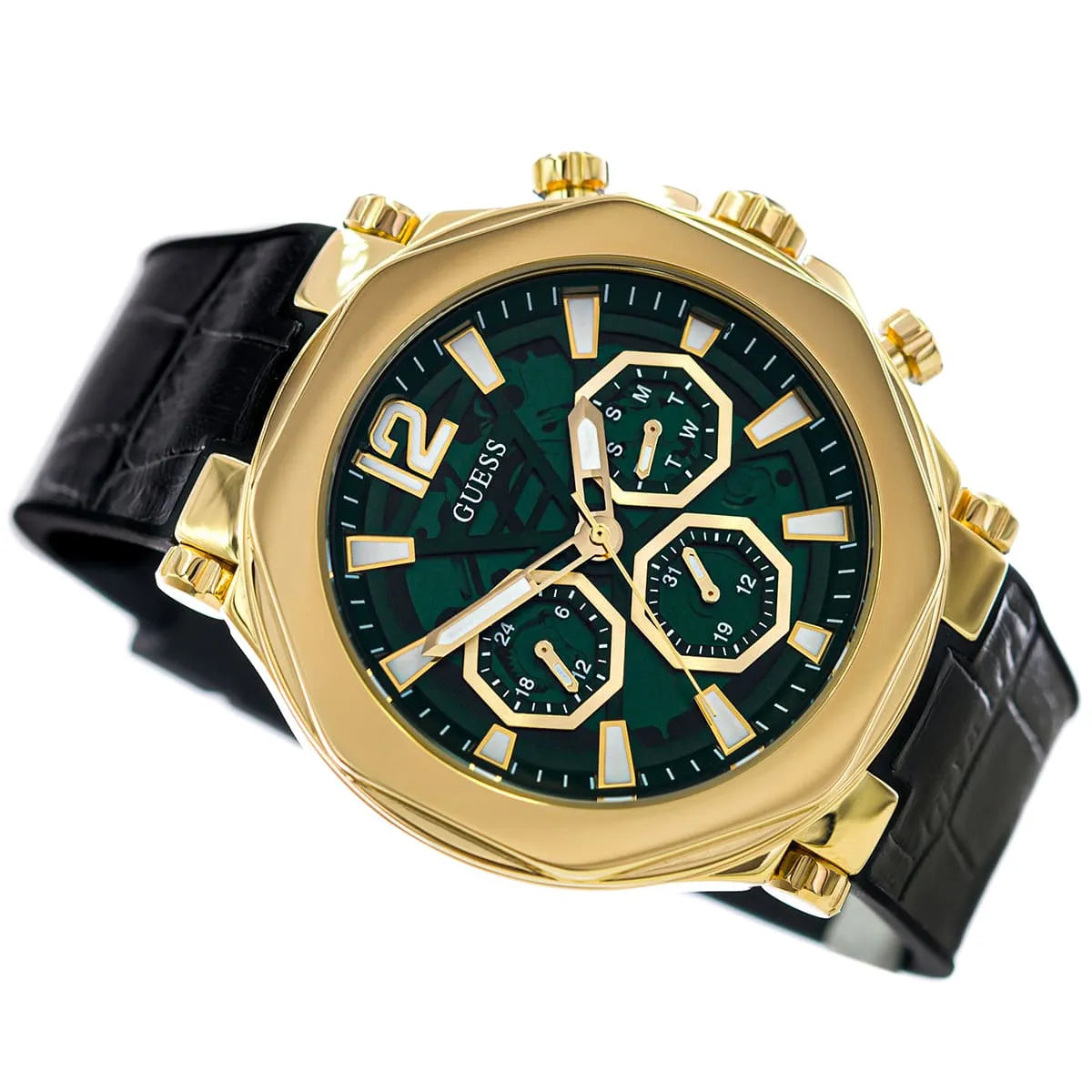 Guess Momentum GW0492G3 Gold Tone Green Dial Black Leather Strap Watch
