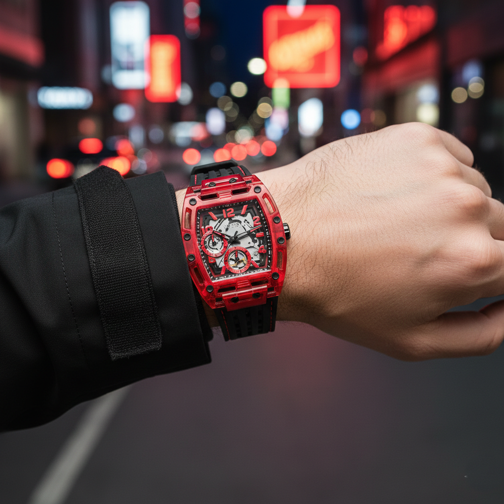 Guess Phoenix GW0499G4 Red Transparent Case Black Silicone Multifunction Watch