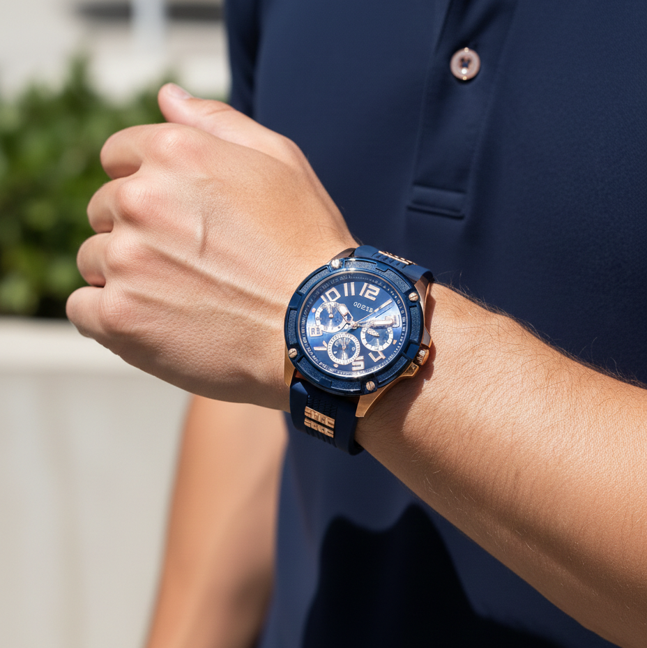 Guess Rig GW0051G3 Rose Gold & Blue Rubber Strap Watch with Metal Inserts