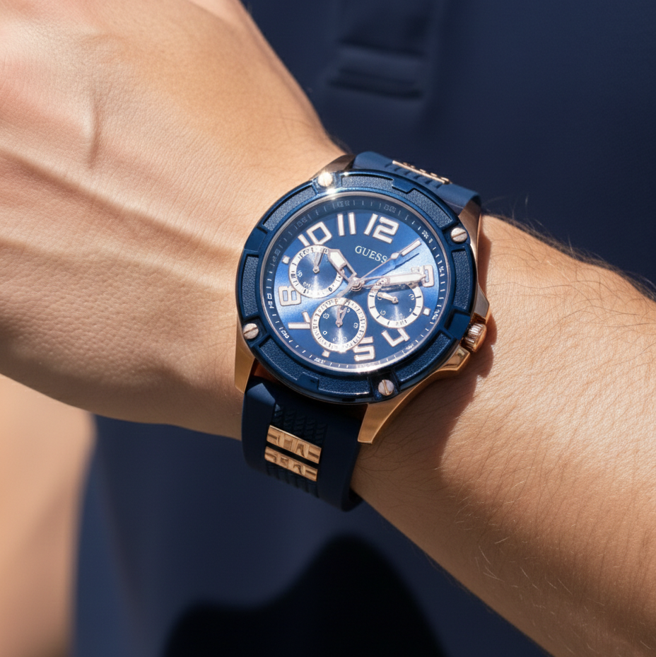 Guess Rig GW0051G3 Rose Gold & Blue Rubber Strap Watch with Metal Inserts