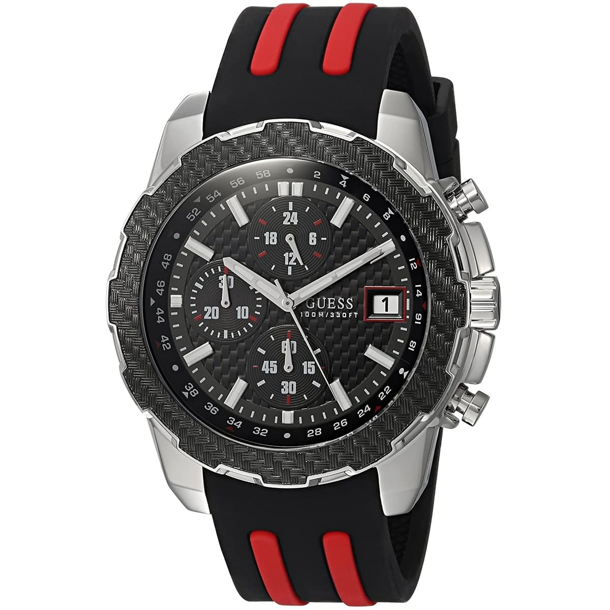Guess Octane W1047G1 Silver Case Carbon Look Dial Black/Red Rubber Watch