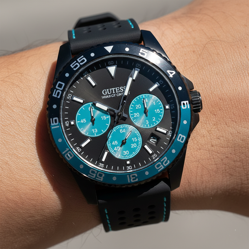 Guess Odyssey W1108G5 Men's Black Case Blue Accents Rubber Watch