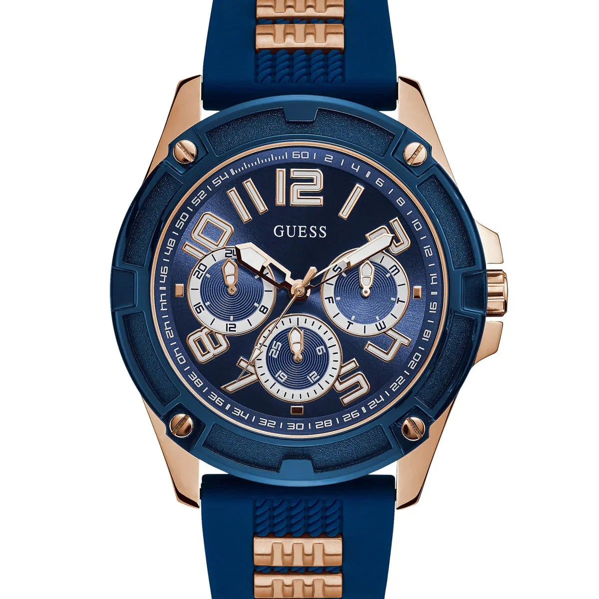 Guess Rig GW0051G3 Rose Gold & Blue Rubber Strap Watch with Metal Inserts