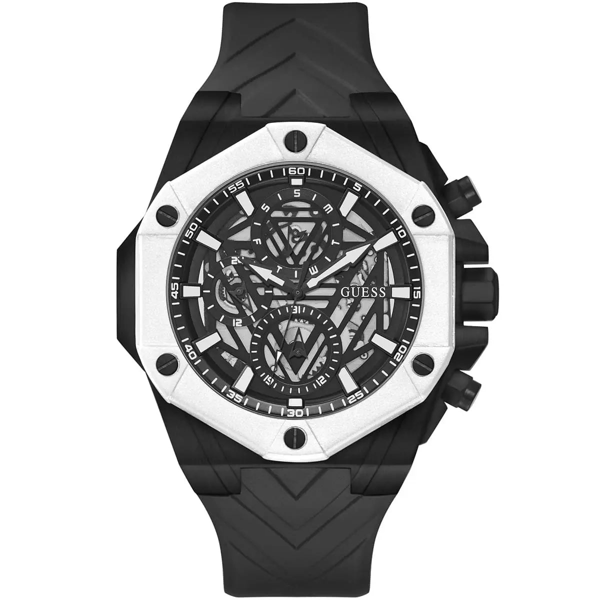 Guess Formula GW0579G1 Black Skeleton Dial White Bezel Rubber Strap Watch