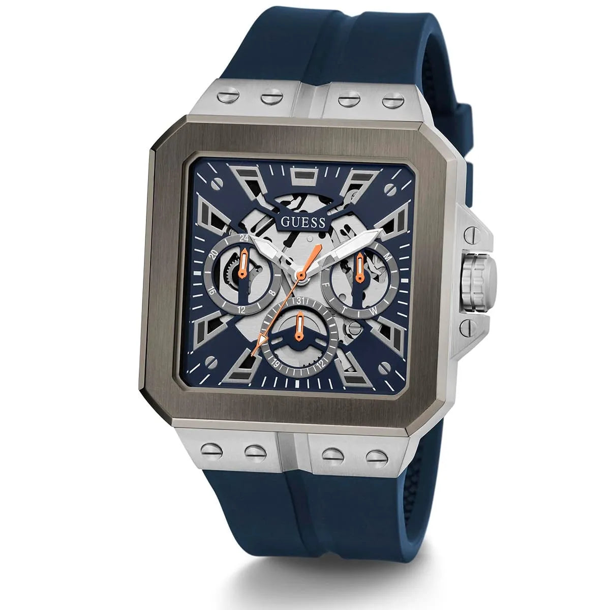 Guess LEO Multi-Function GW0637G1 Silver Case Crystal Bezel Navy Blue Rubber Men's Watch