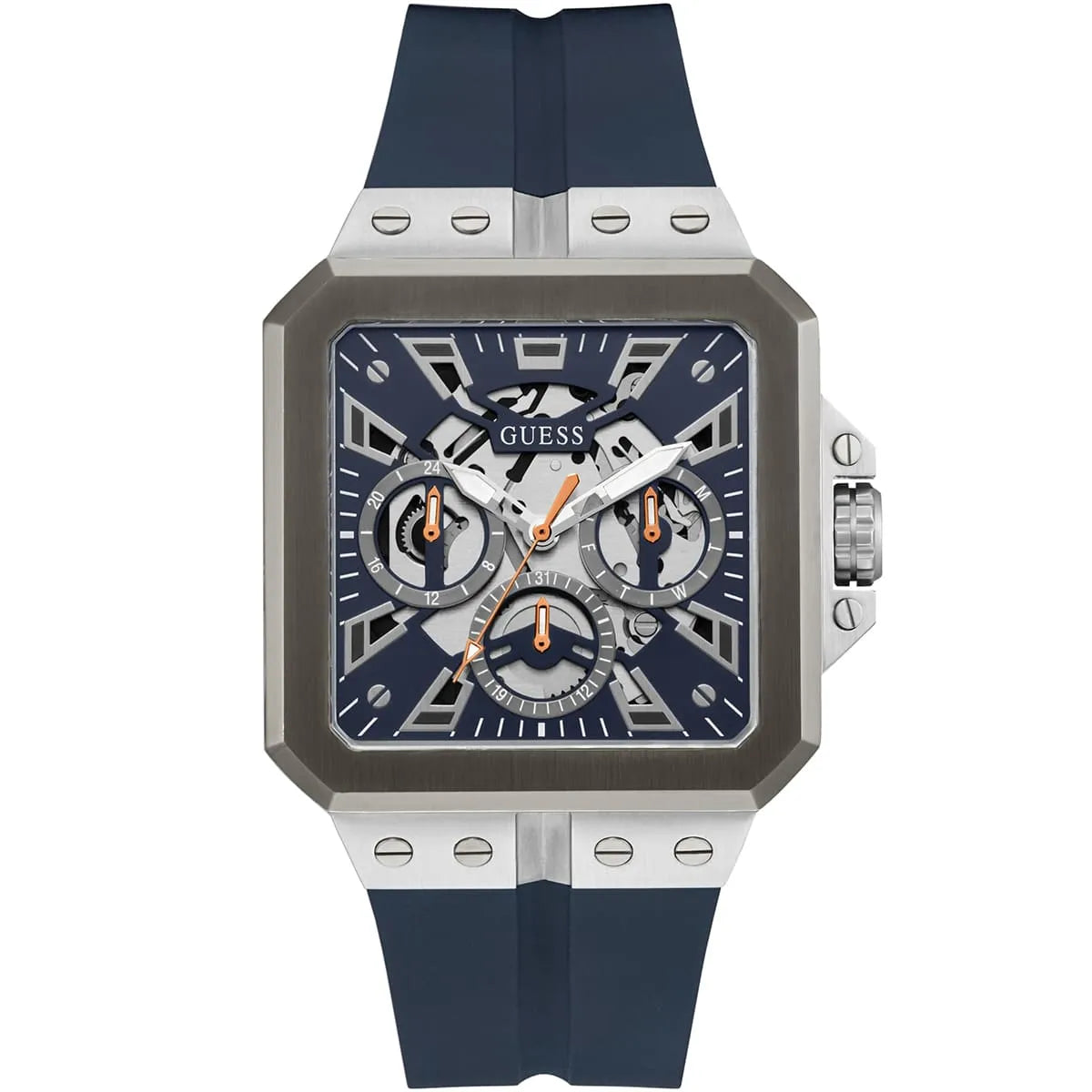 Guess LEO Multi-Function GW0637G1 Silver Case Crystal Bezel Navy Blue Rubber Men's Watch