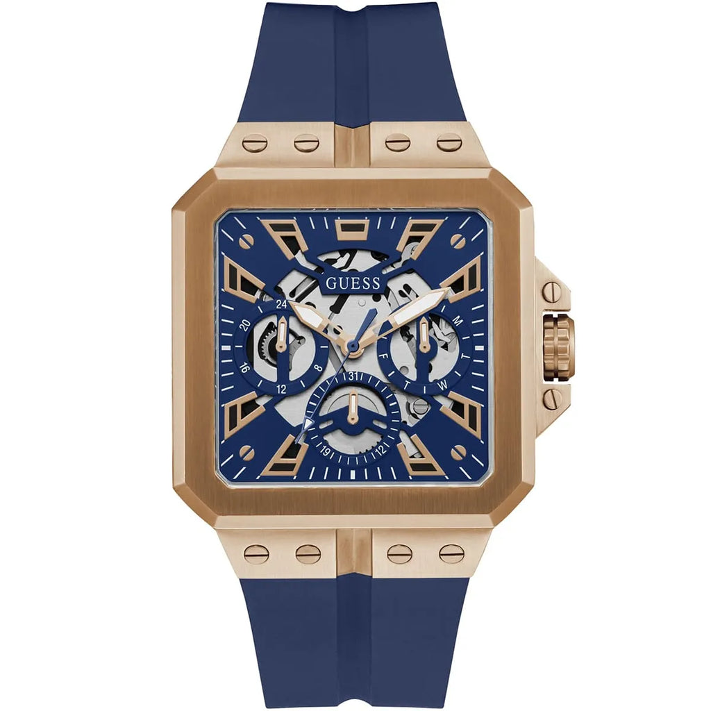 Guess LEO Multi-Function GW0637G3 Rose Gold Case Crystal Bezel Navy Blue Rubber Men's Watch