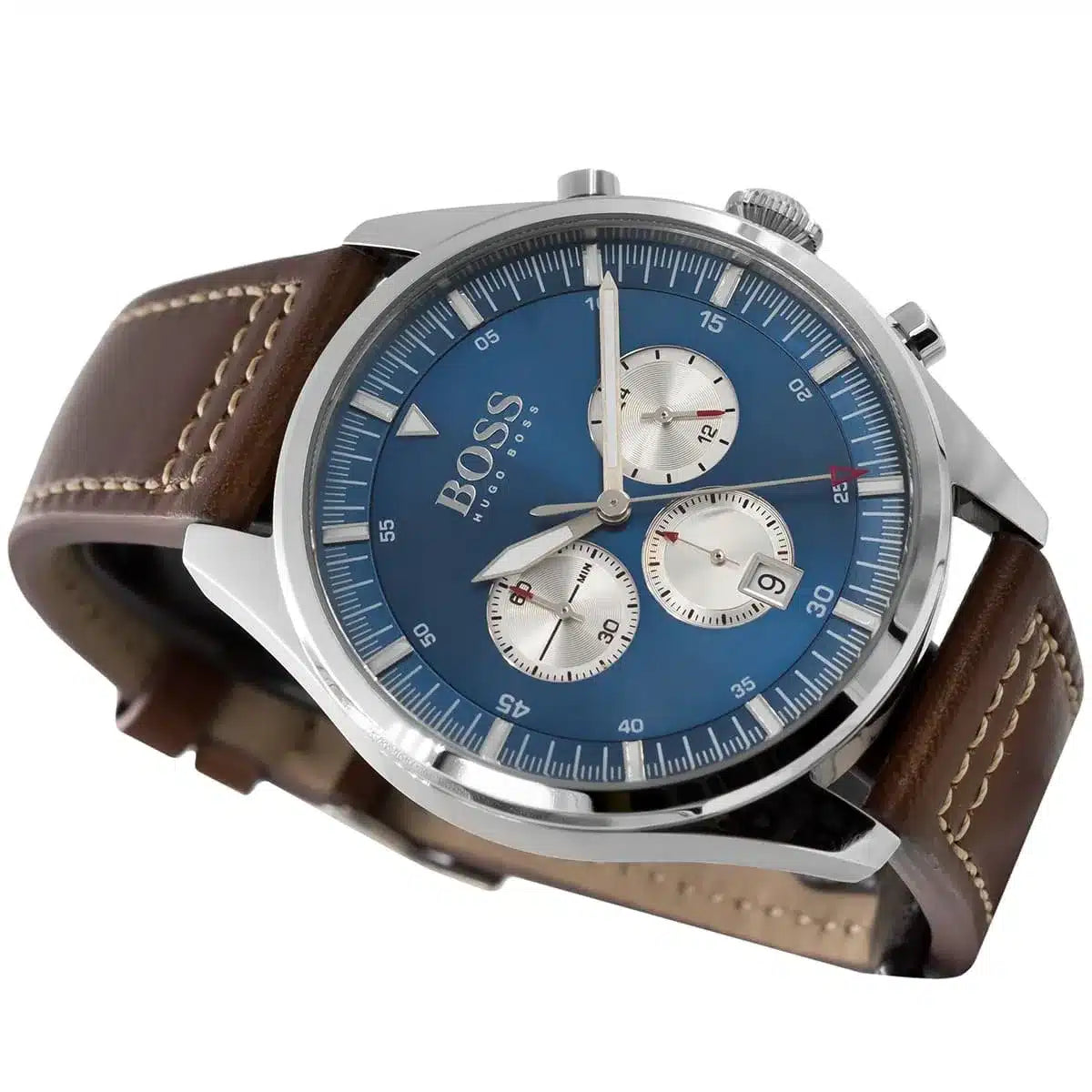 Hugo Boss Pioneer 1513709 Silver Case Blue Dial Brown Leather Men's Watch