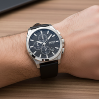 Hugo Boss Grandmaster 1513881 Men's Silver Steel Watch with Black Leather Strap