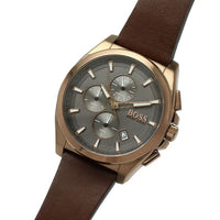 Hugo Boss Grandmaster 1513882 Men's Rose Gold Watch Grey Dial Brown Leather