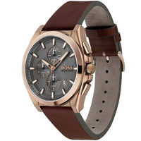Hugo Boss Grandmaster 1513882 Men's Rose Gold Watch Grey Dial Brown Leather