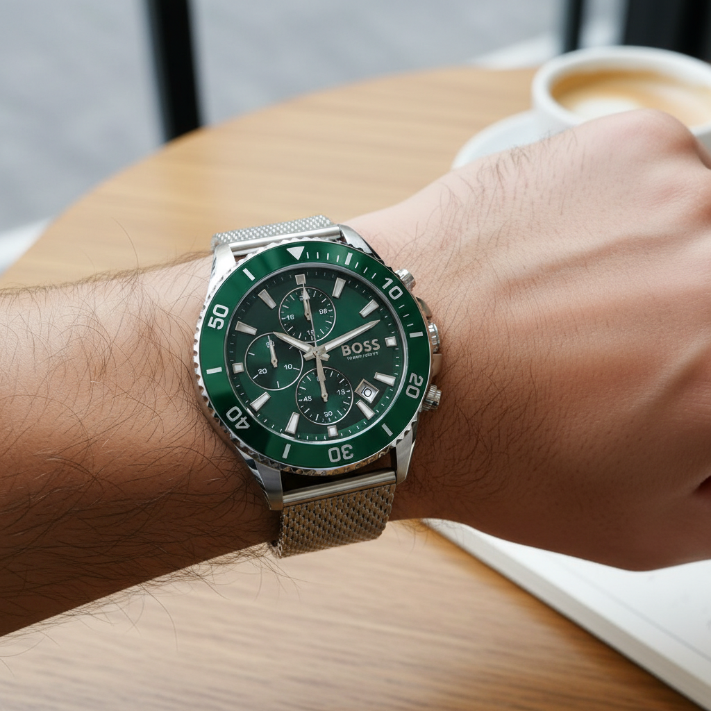 Hugo Boss Admiral 1513905 Men's Green Diver Watch Silver Mesh