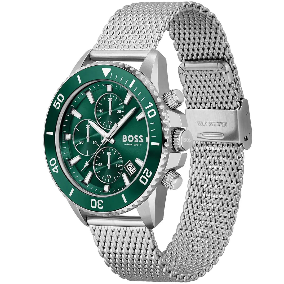 Hugo Boss Admiral 1513905 Men's Green Diver Watch Silver Mesh