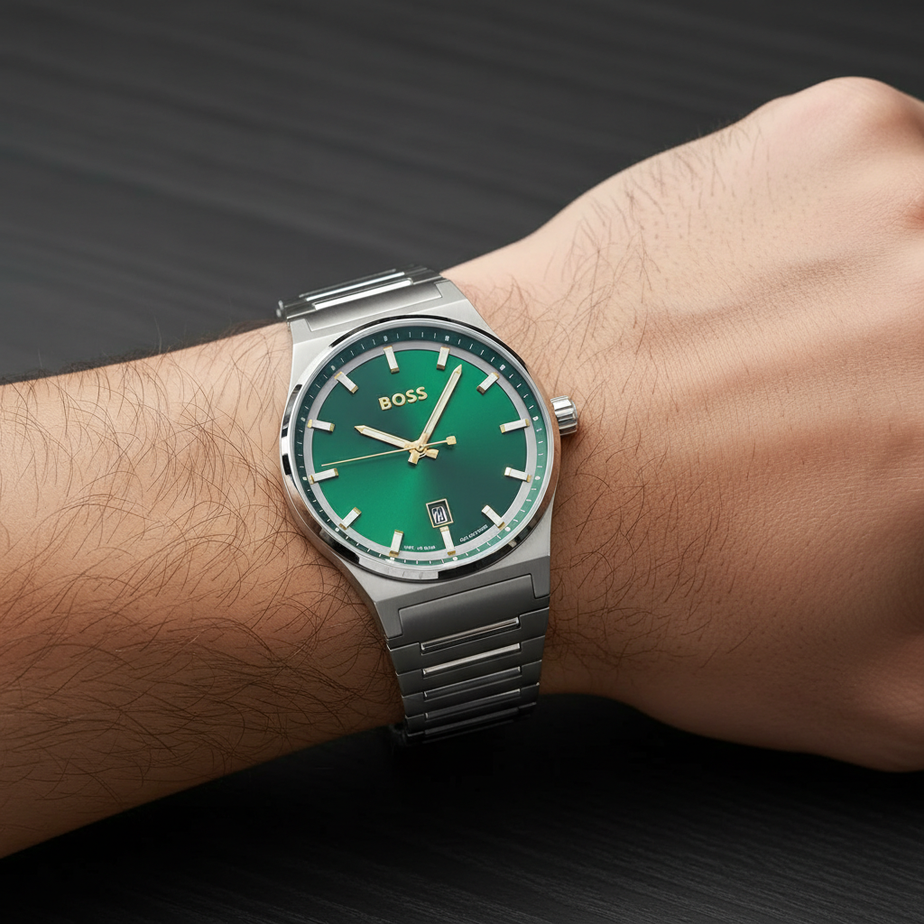 Hugo Boss Candor 1514079 Men's Silver Steel Watch with Green Dial