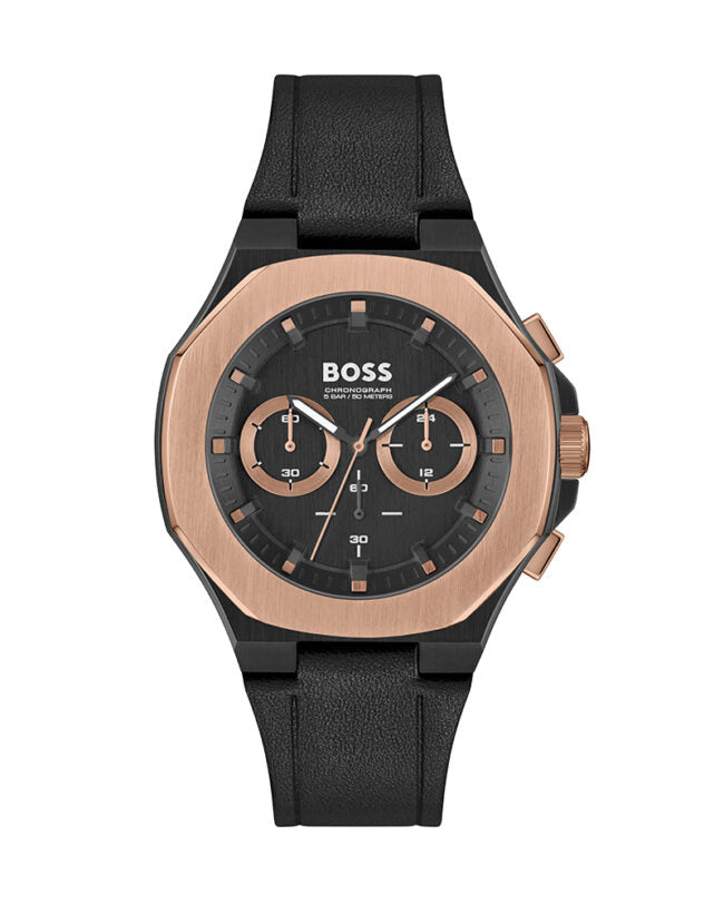 Hugo Boss Taper 1514089 Men's Black & Rose Gold Watch with Leather Strap