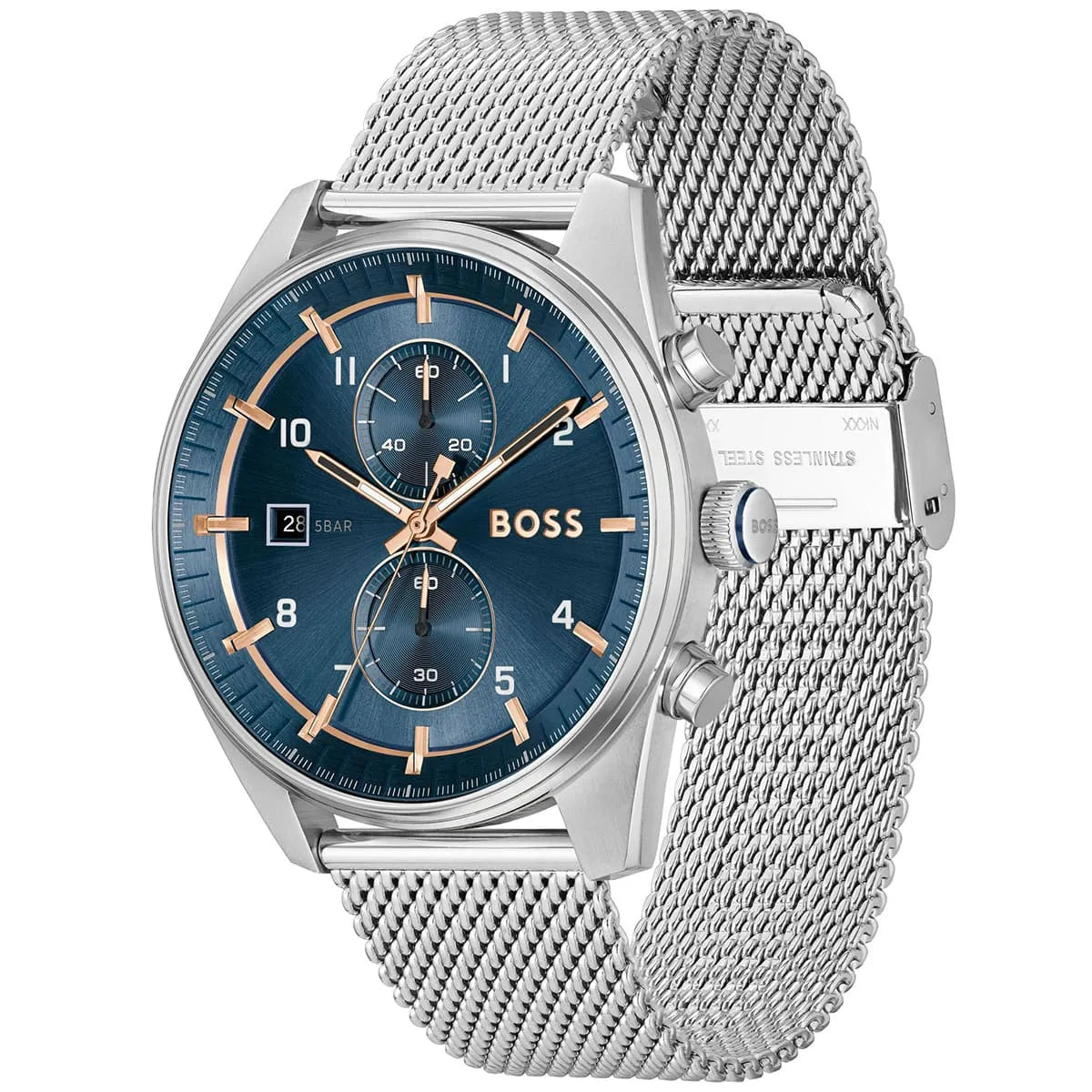Hugo Boss Skytraveller 1514149 Men's Blue Dial Watch Silver Mesh
