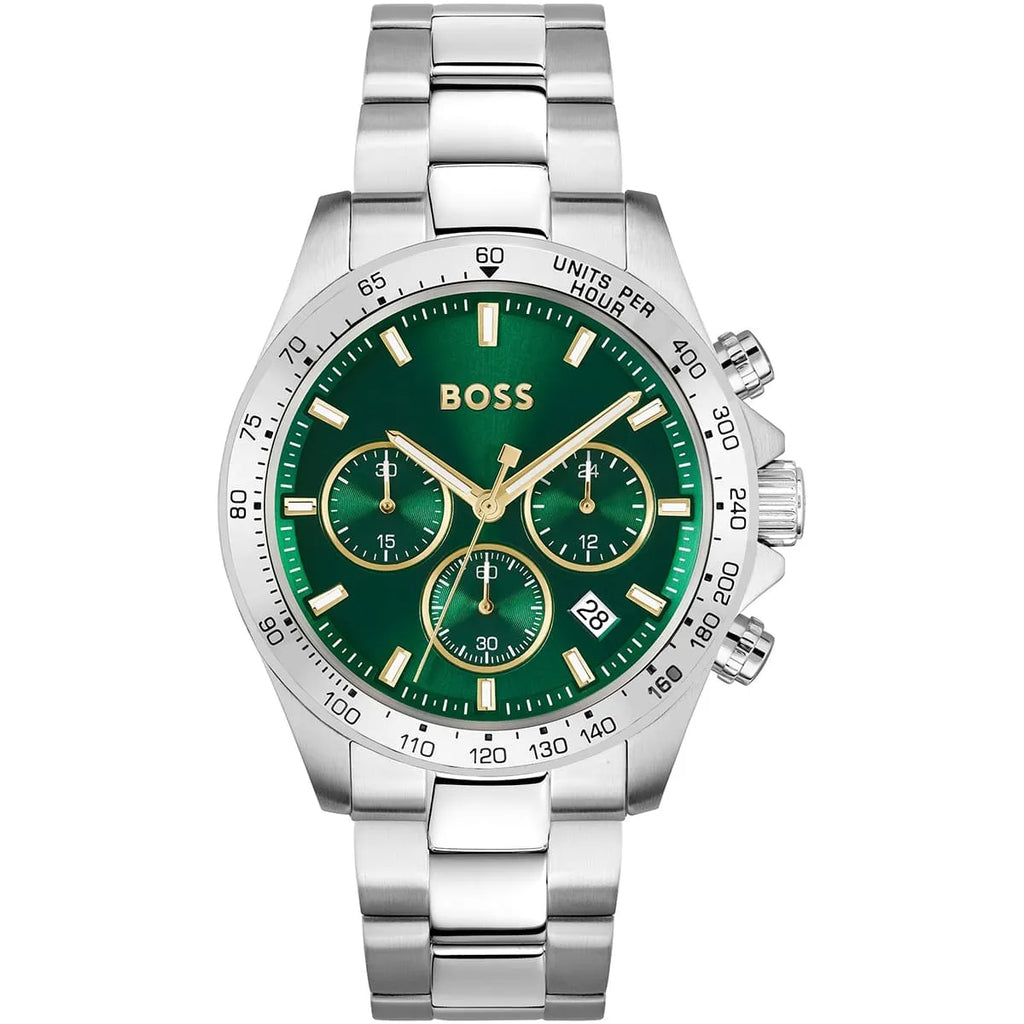 Hugo Boss Hero 1514217 Men's Silver Steel Watch with Green Dial & Gold Accents