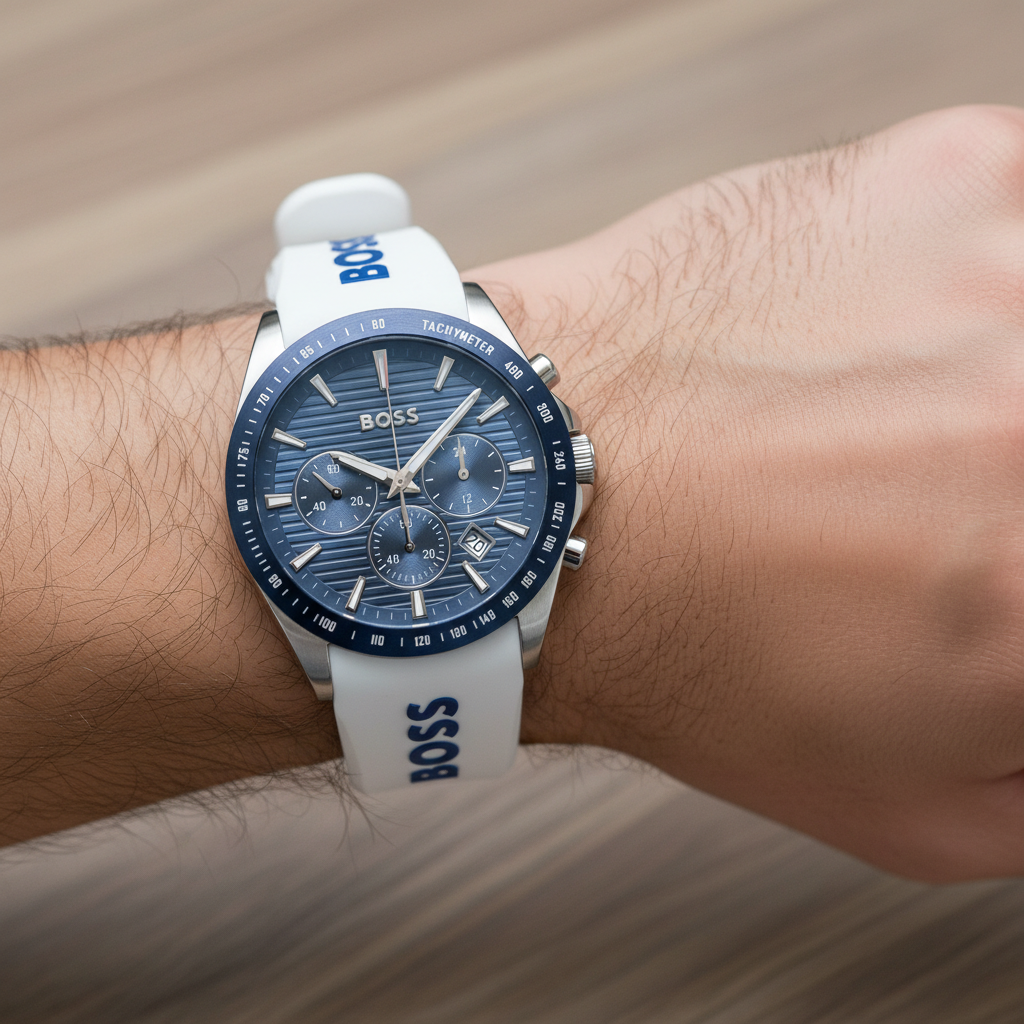 Hugo Boss Strike 1514238 Men's Blue Dial Watch with White Logo Rubber Strap