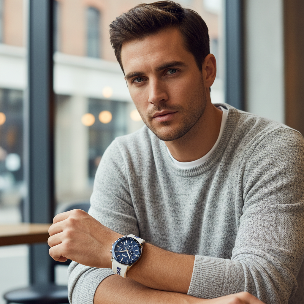 Hugo Boss Strike 1514238 Men's Blue Dial Watch with White Logo Rubber Strap