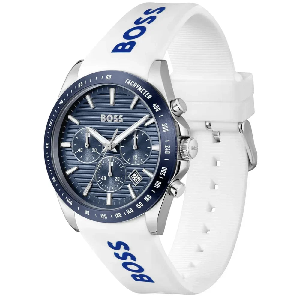 Hugo Boss Strike 1514238 Men's Blue Dial Watch with White Logo Rubber Strap