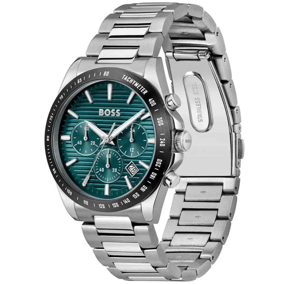Hugo Boss Strike 1792156 Men's Silver Steel Watch with Textured Green Dial