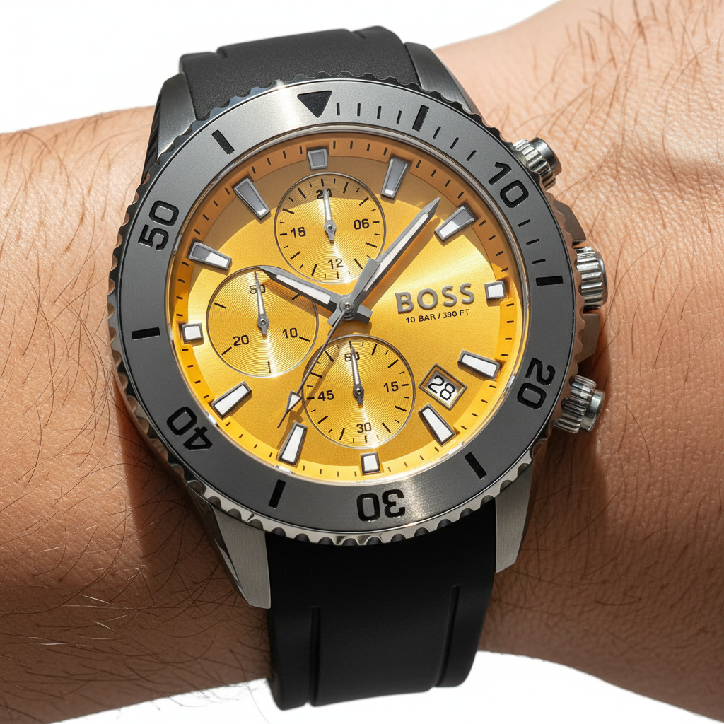 Hugo Boss Admiral 1513968 Yellow Dial Black Rubber Strap Men's Watch