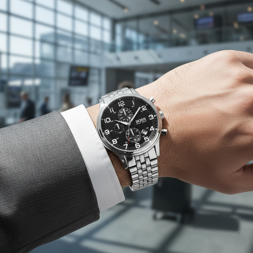 Hugo Boss Aeroliner 1512446 Silver Stainless Steel Black Dial Chronograph Watch
