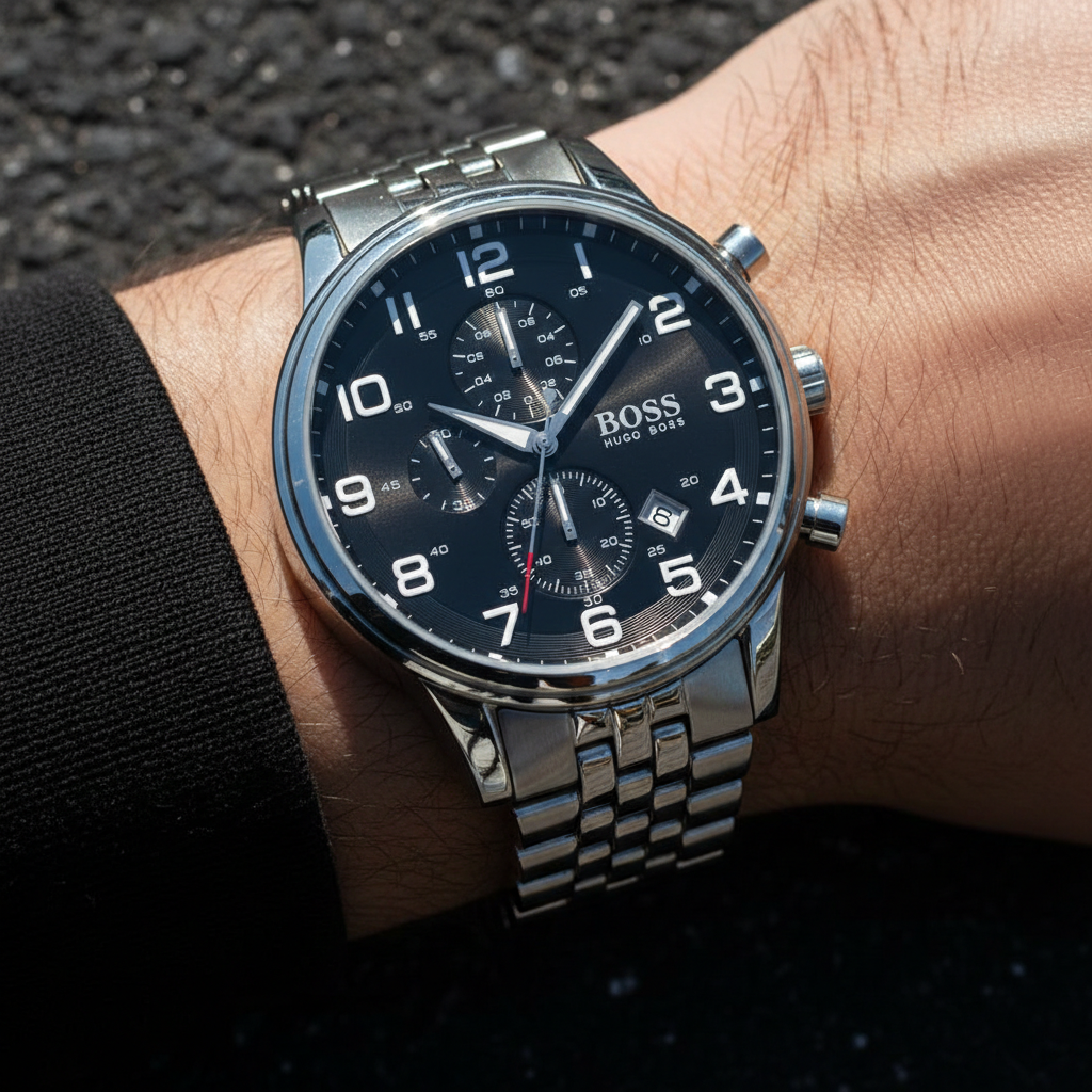 Hugo Boss Aeroliner 1512446 Silver Stainless Steel Black Dial Chronograph Watch