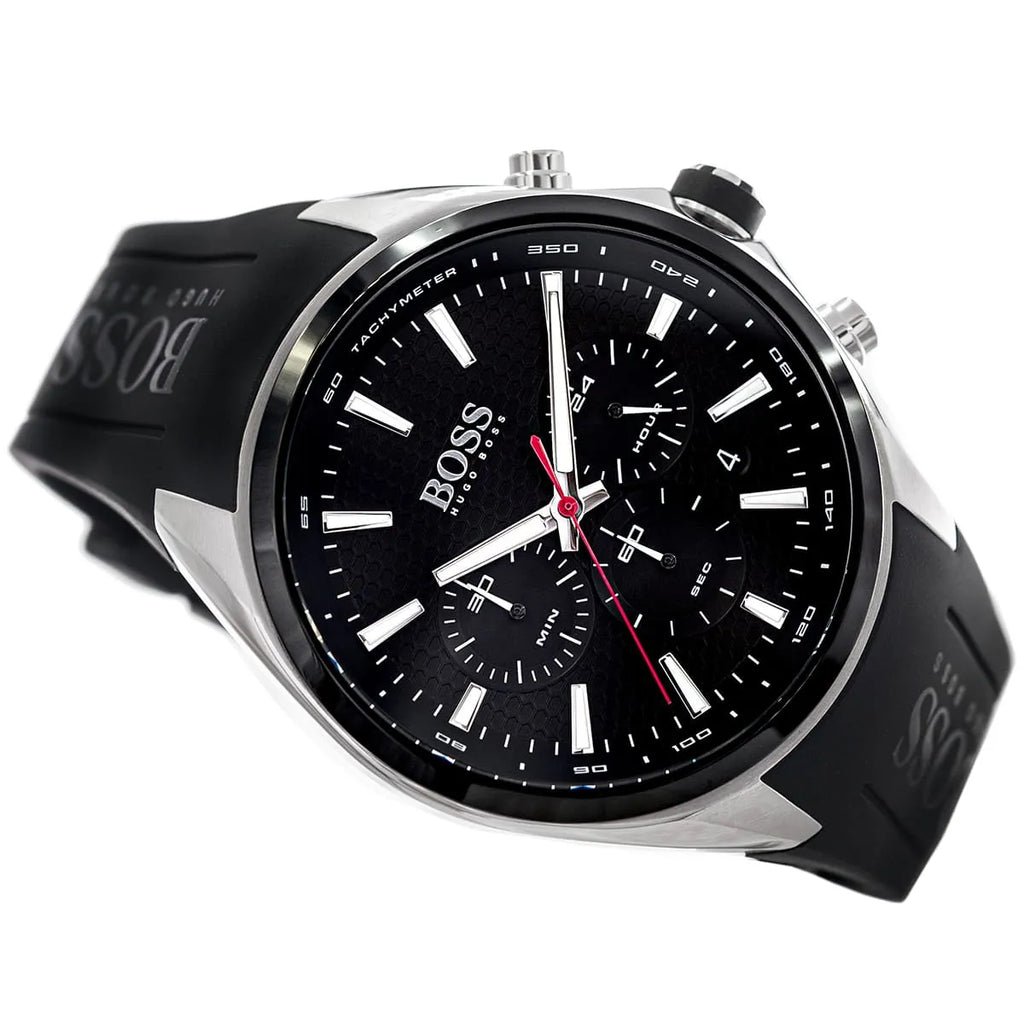 Hugo Boss Distinct 1513855 Silver Black Rubber Red Accents Men's Watch