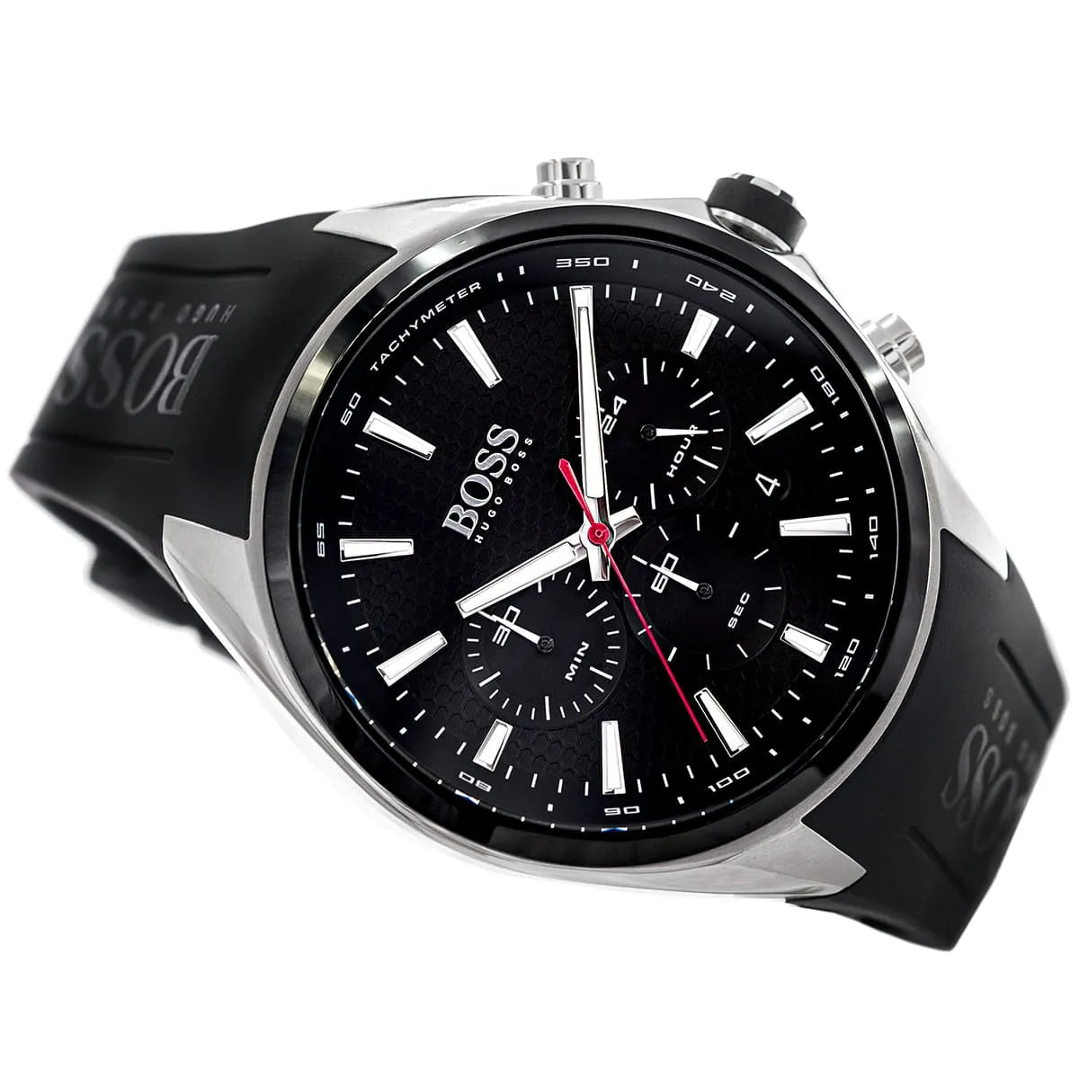 Hugo Boss Distinct 1513855 Silver Black Rubber Red Accents Men's Watch