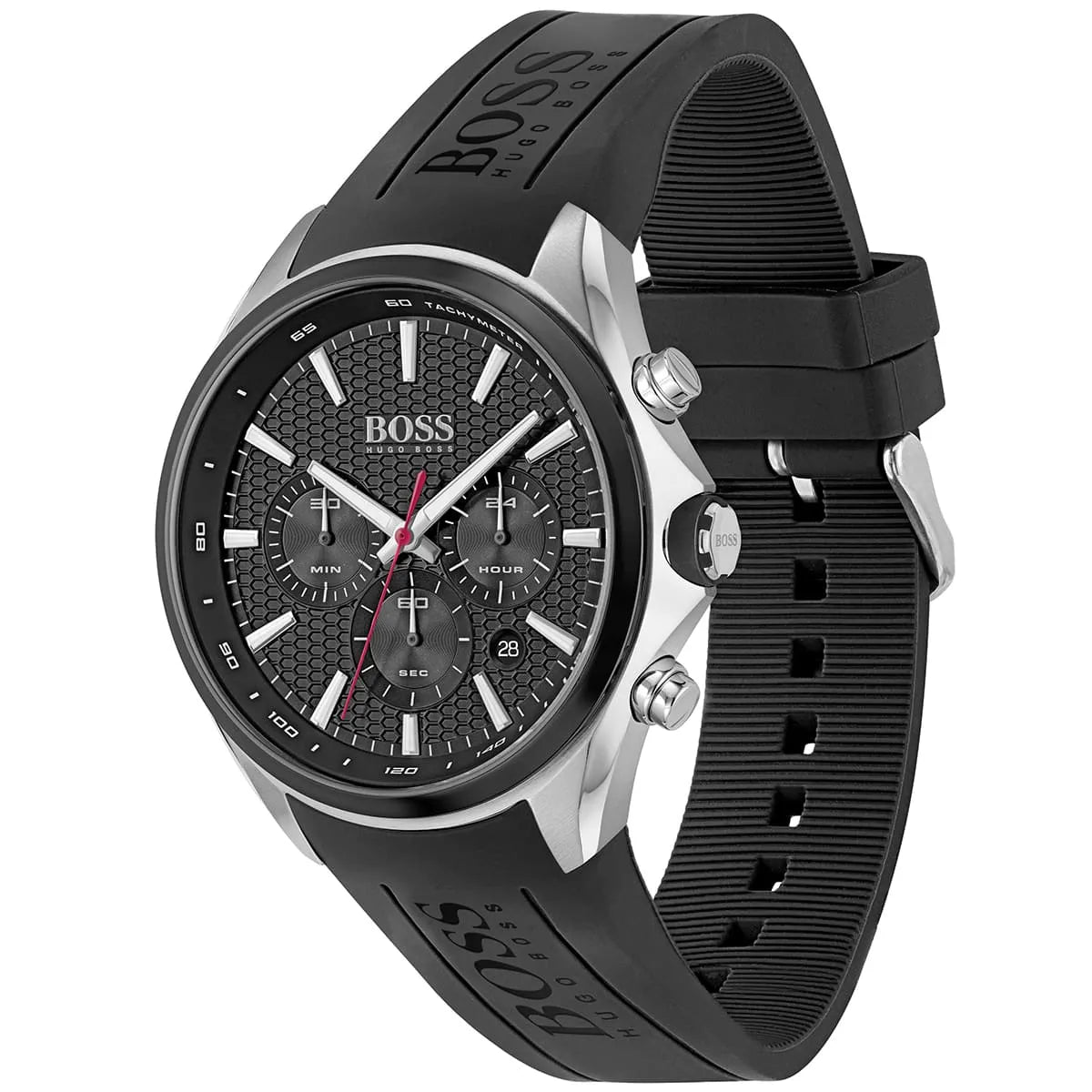 Hugo Boss Distinct 1513855 Silver Black Rubber Red Accents Men's Watch