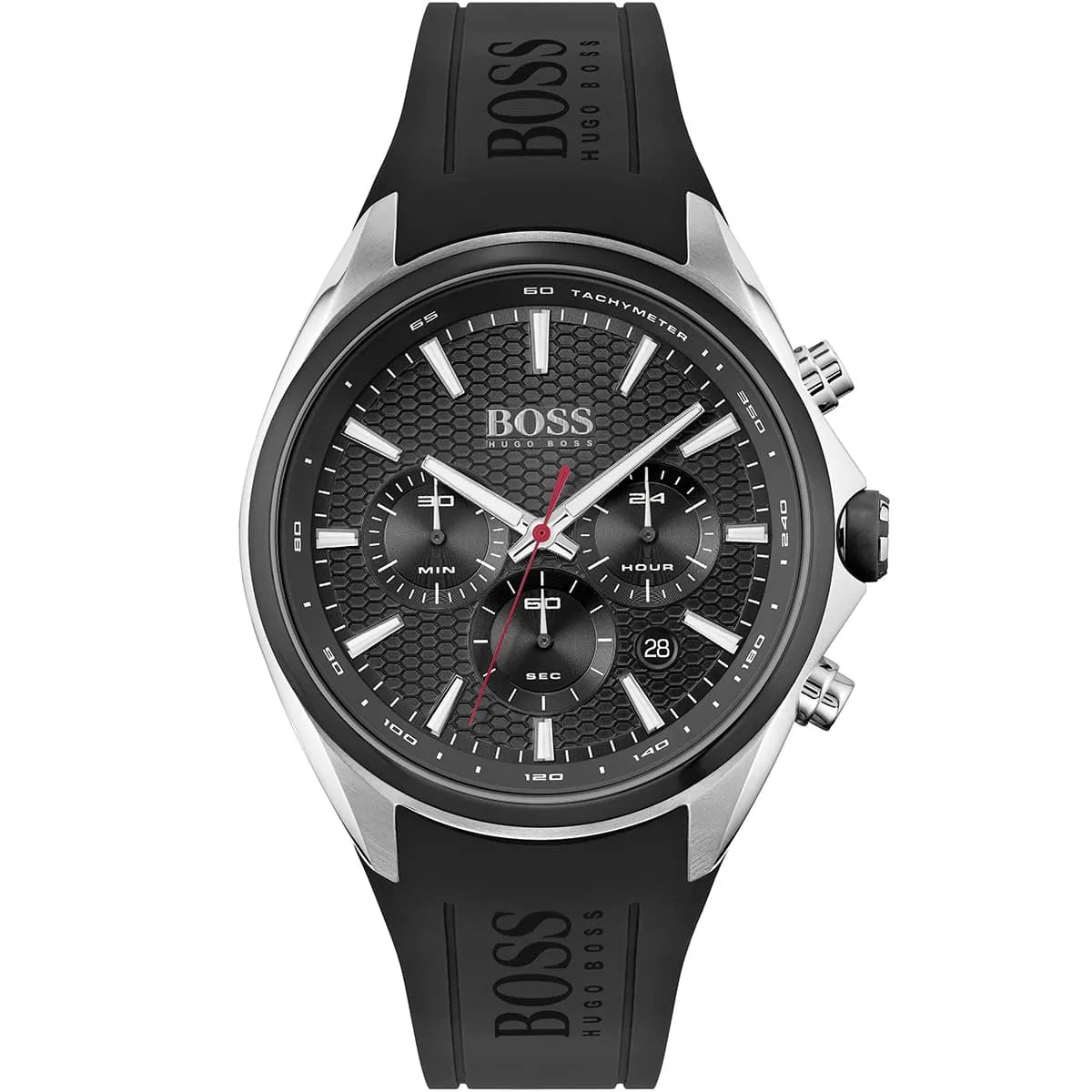 Hugo Boss Distinct 1513855 Silver Black Rubber Red Accents Men's Watch