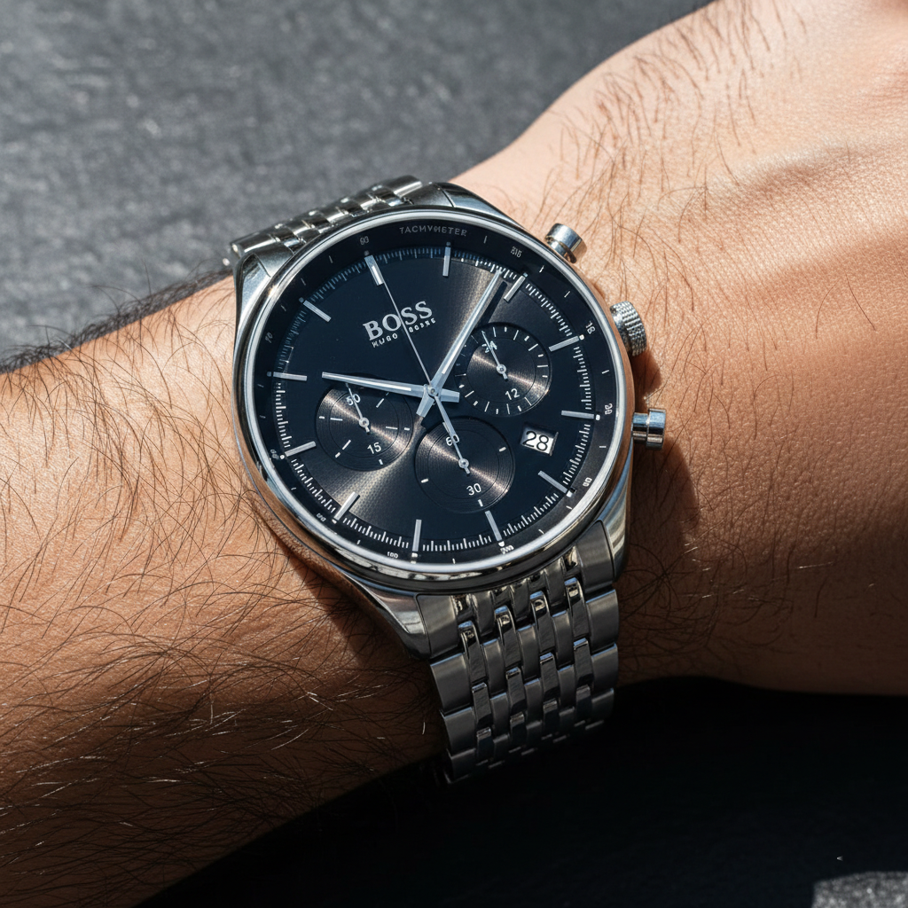 Hugo Boss Gregor 1514082 Silver Stainless Steel Black Dial Chronograph Watch