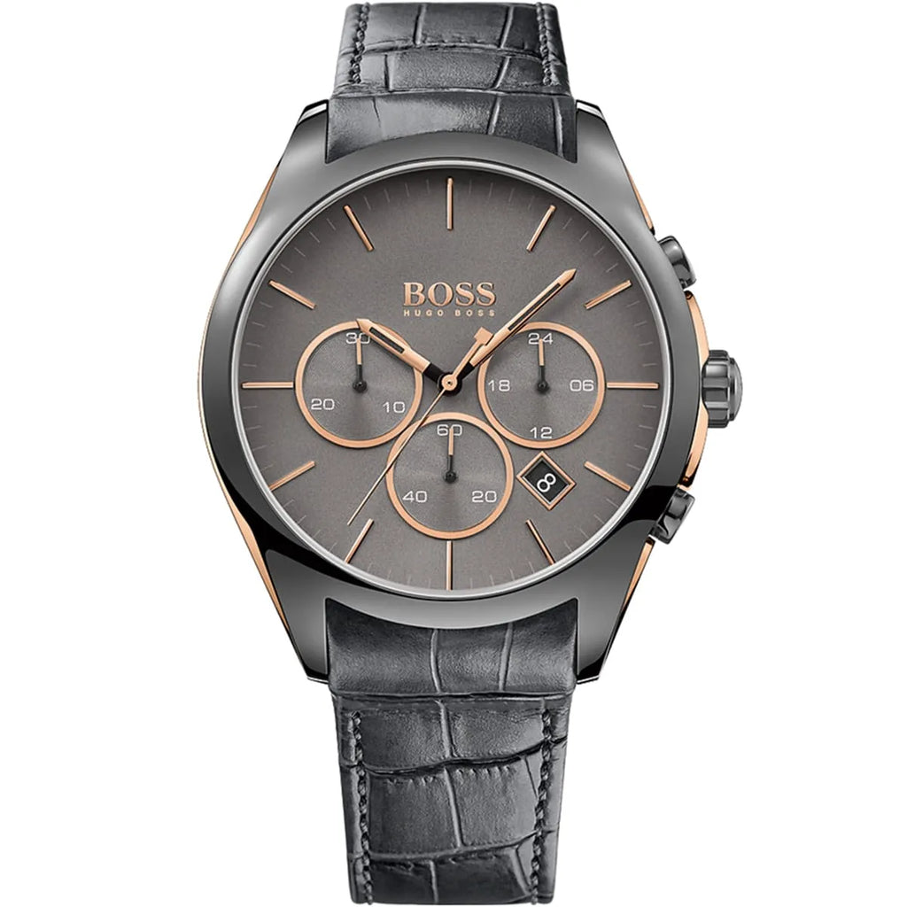 Hugo Boss Onyx 1513366 Gunmetal Grey Leather Rose Gold Accents Watch