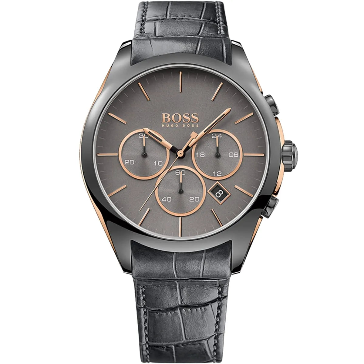 Hugo Boss Onyx 1513366 Gunmetal Grey Leather Rose Gold Accents Watch