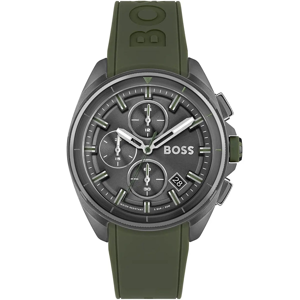 Hugo Boss Volane 1513952 Grey IP Case Green Rubber Strap Men's Watch