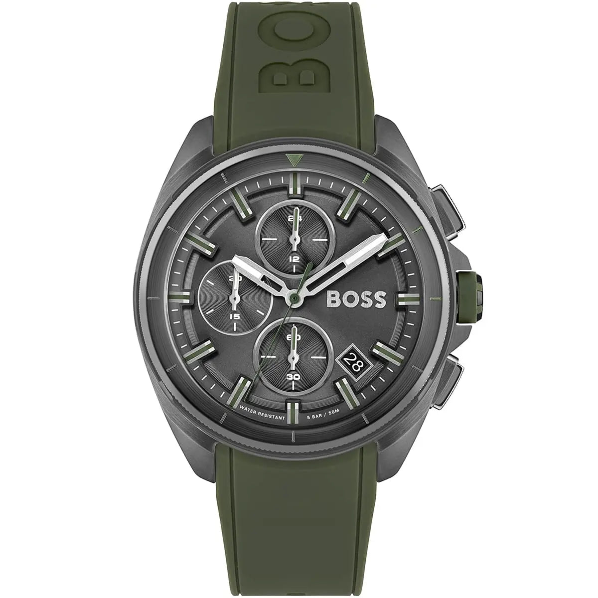 Hugo Boss Volane 1513952 Grey IP Case Green Rubber Strap Men's Watch
