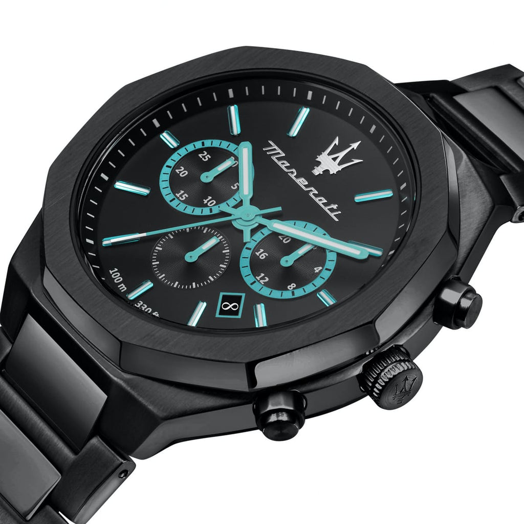 Maserati Stile R8873644001 Men's Black Steel Watch Aqua Accents