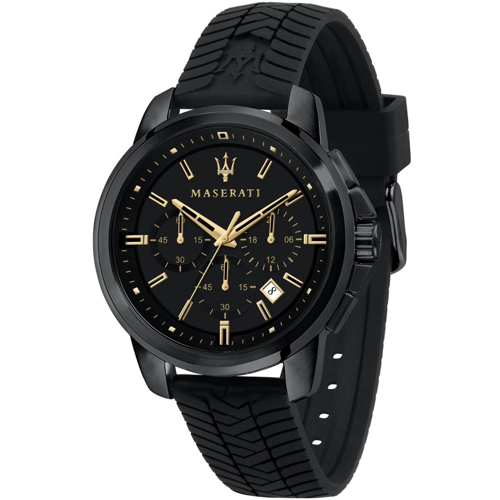 Maserati Successo R8871621011 Black Silicone Gold Accents Chronograph Watch