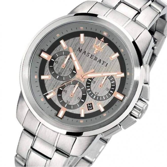 Maserati Successo R8873621004 Silver Stainless Steel Grey Dial Rose Gold Accents Watch