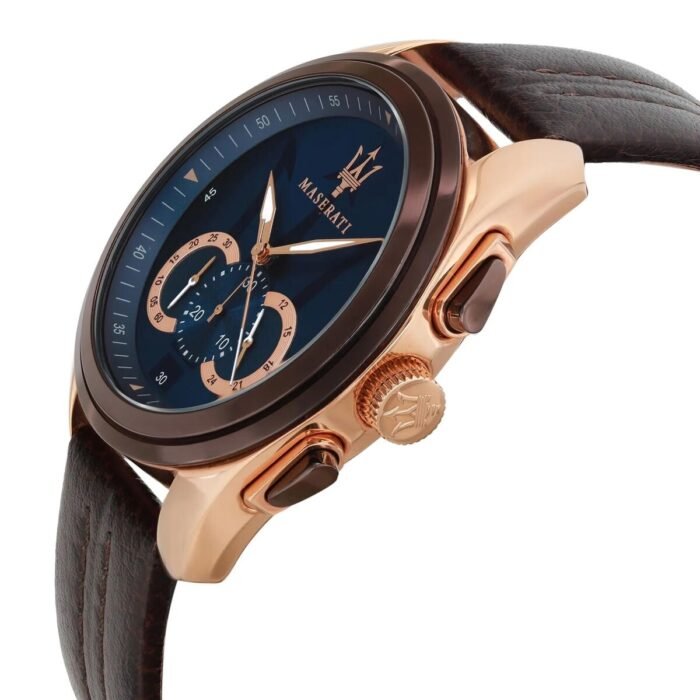 Maserati Traguardo R8871612024 Rose Gold Case Blue Dial Brown Leather Watch
