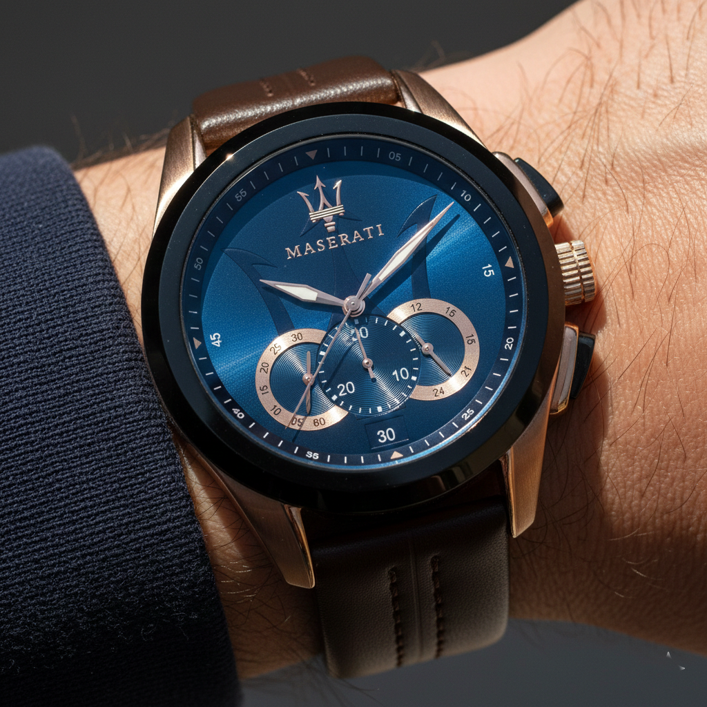 Maserati Traguardo R8871612024 Rose Gold Case Blue Dial Brown Leather Watch