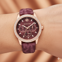 Michael Kors Camille MK2967 Rose Gold Watch with Burgundy MK Logo Strap