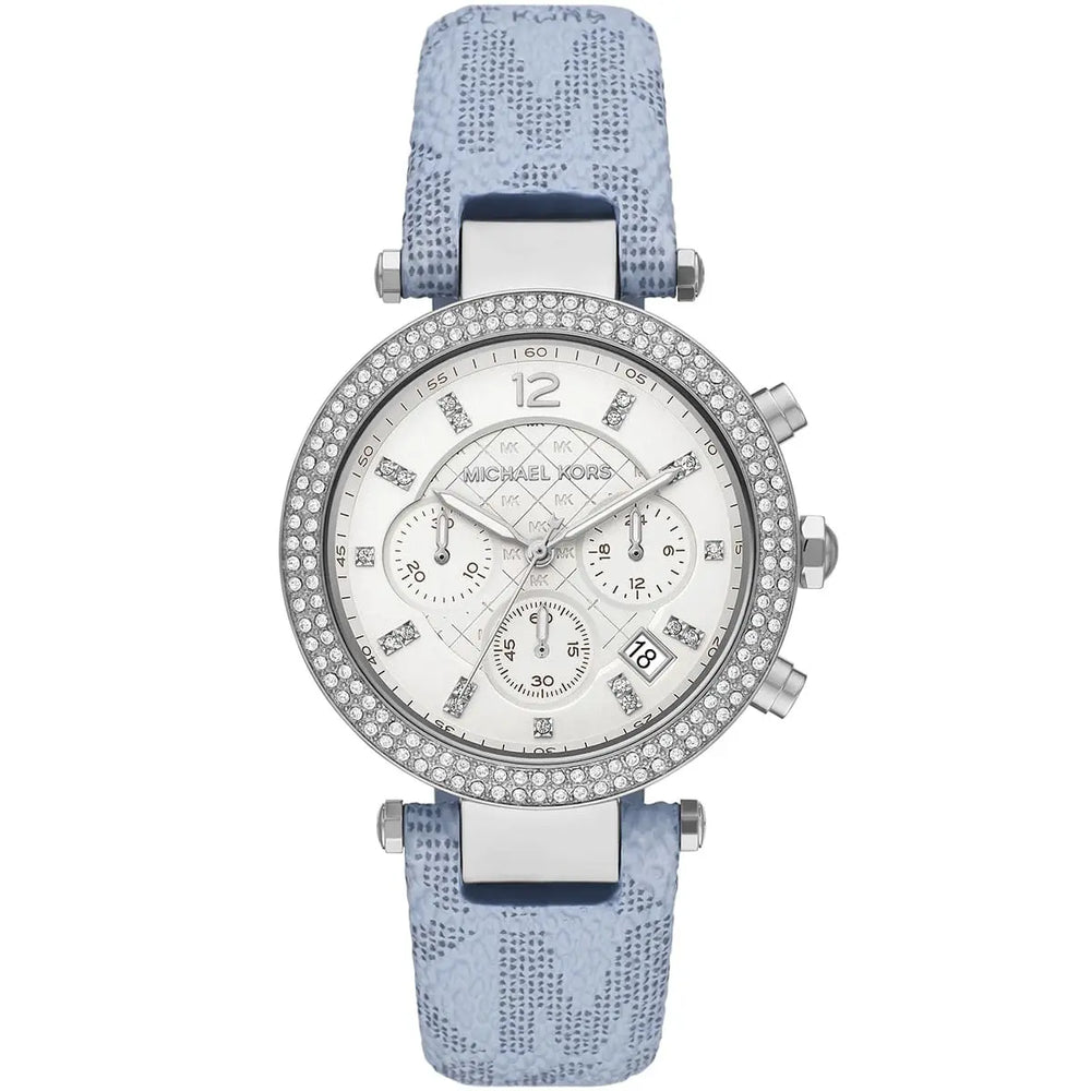 Michael Kors Parker MK6936 Silver Watch with Light Blue Genuine Leather Strap