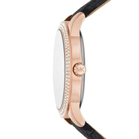 Michael Kors Camille MK6968 Rose Gold-Tone Watch with Black MK Logo Strap