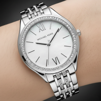 Michael Kors Runway MK7075 Silver Watch with White Mother of Pearl Roman Dial