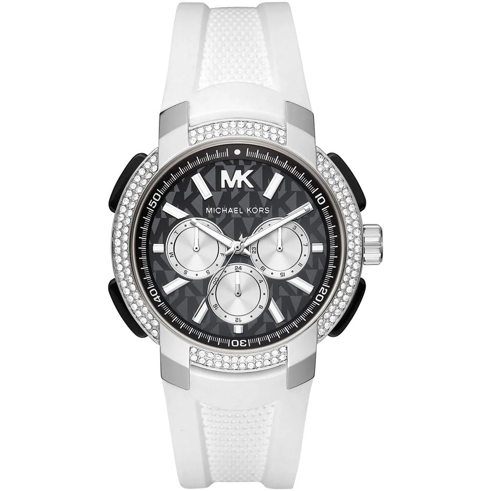 Michael Kors Sidney MK6947 Silver-Tone Black Dial White Rubber Women's Watch