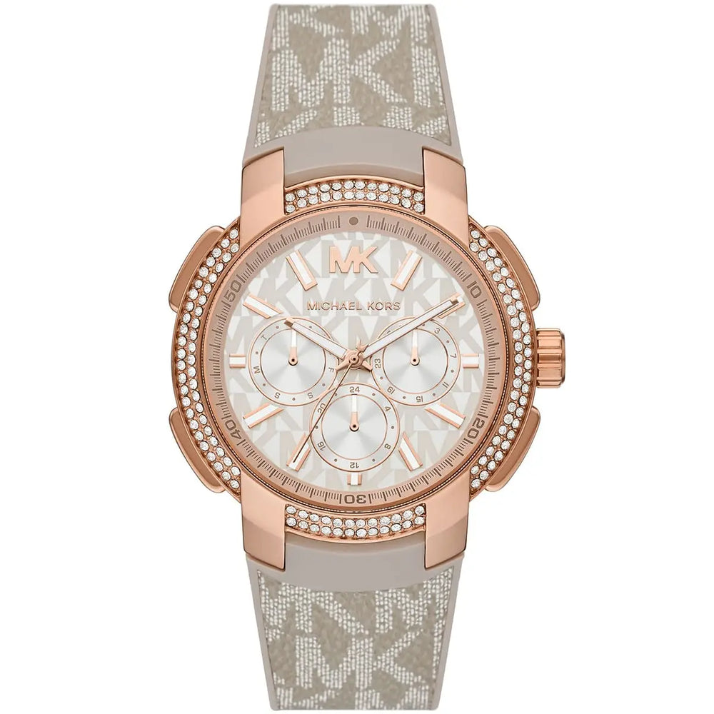 Michael Kors Sidney MK6949 Rose Gold-Tone Crystal Grey Logo Rubber Women's Watch
